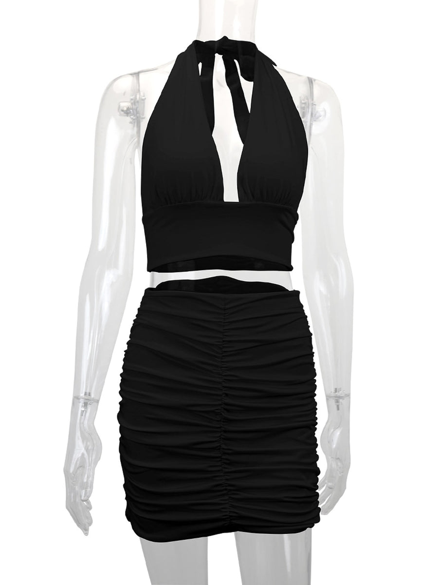 Black bodycon two-piece set with halter