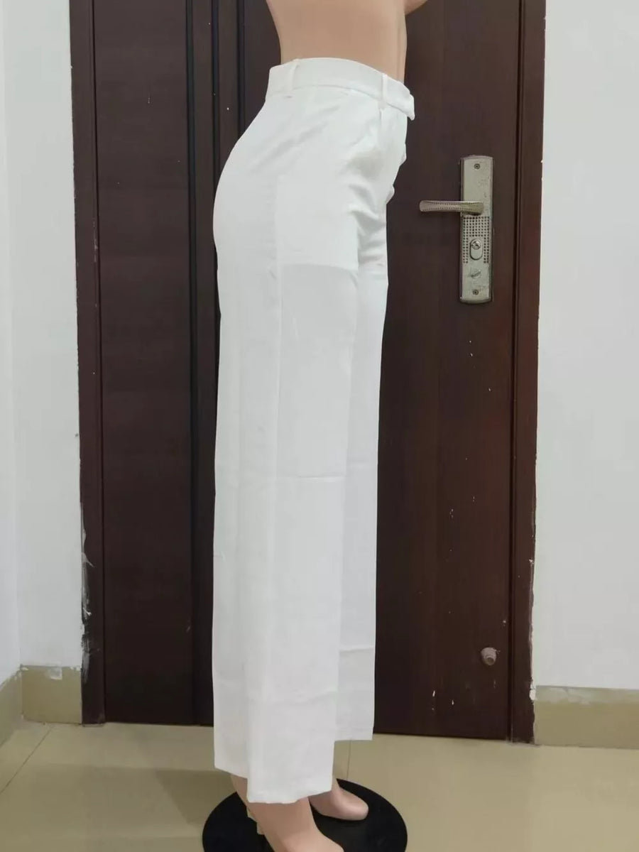 Ivory white high-waisted wide-leg trousers with a clean, tailored look.
