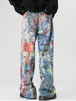 Abstract art print wide leg jeans in cotton with a brushstroke pattern and a relaxed fit.