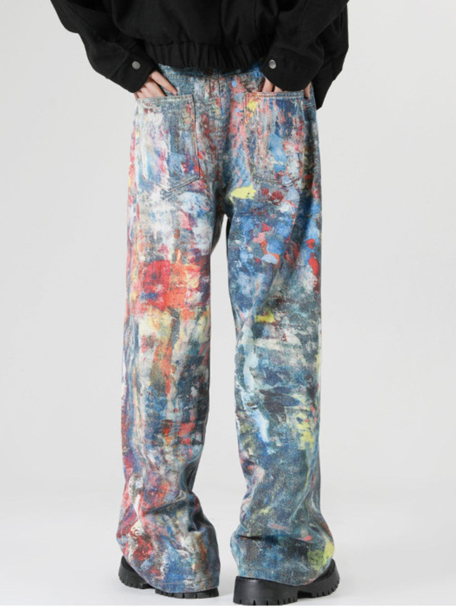 Abstract art print wide leg jeans in cotton with a brushstroke pattern and a relaxed fit.