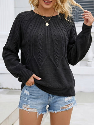 Cable-Knit Round Neck Sweater in Black with cable-knit