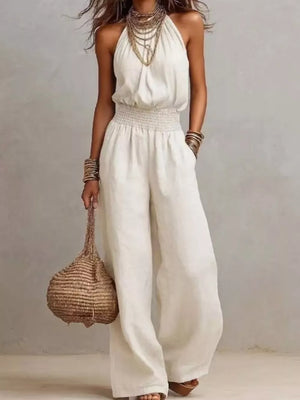 jumpsuit in ivory featuring pocketed and relaxed fit