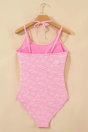 Corded Flower Texture Spaghetti Strap One-piece Swimsuit in Blush Pink with spaghetti straps
