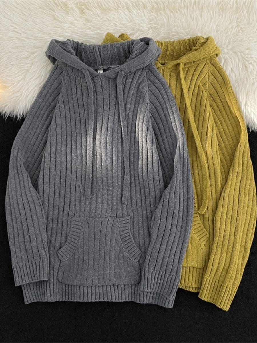 Grey ribbed knit hoodie with drawstring and front pocket