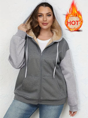 Gray sherpa lined zip-up hoodie with drawstring and pockets