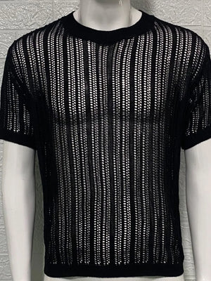 Black open-knit boxy crew neck sweater with short sleeves and vertical stripe pattern.