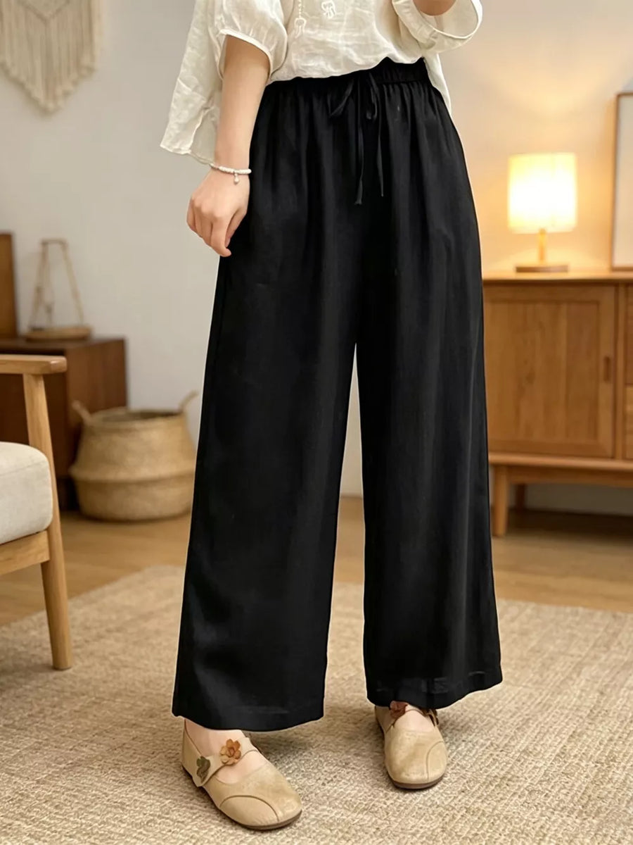 Black maternity pants with drawstring waist and pockets, wide leg, ankle length.