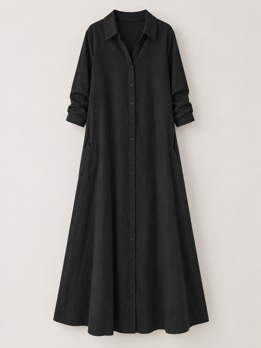 Button Front Long Sleeve Maxi Shirt Dress Plus Size in Black with pocketed