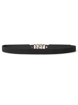 Black faux leather belt with silver chain detail and silver buckle