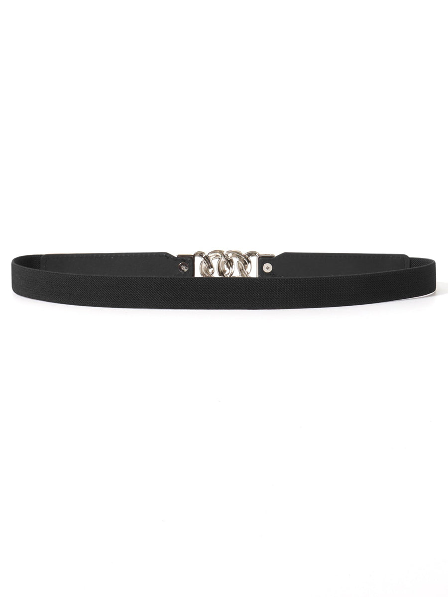 Black faux leather belt with silver chain detail and silver buckle