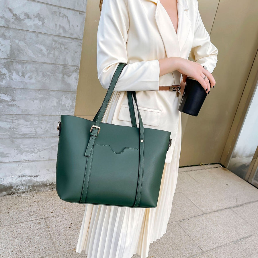 Medium PU Leather Tote Bag in Green with top handles