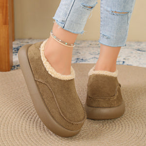 Plush-Lined Suede Platform Slip-On Boots in camel with plush-lined