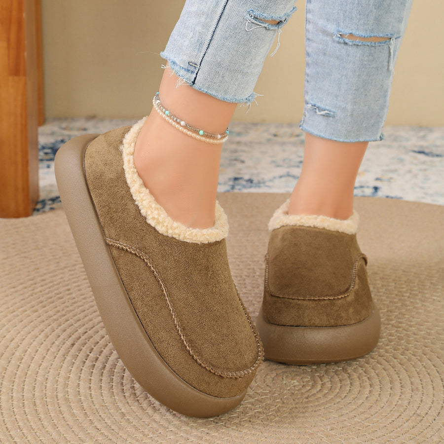 Plush-Lined Suede Platform Slip-On Boots in camel with plush-lined