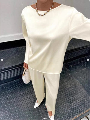 Cream boat neck long sleeve top and wide leg pants set