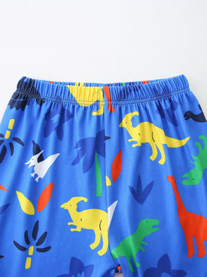 Blue toddler shorts with elastic waistband and colorful dinosaur print