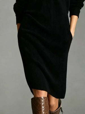 Red straight sweater dress with v-neck