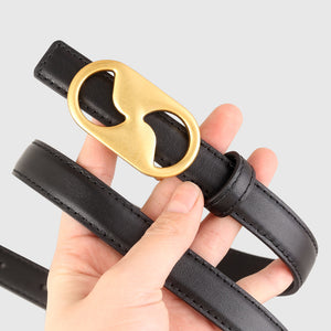 Black cowhide leather belt with gold oval buckle