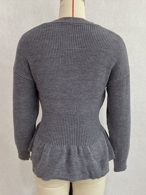 V-Neck Peplum Hem Ribbed Knit Top in Brown with peplum