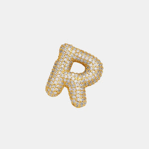 Puffed gold initial R necklace with pave zirconia stones