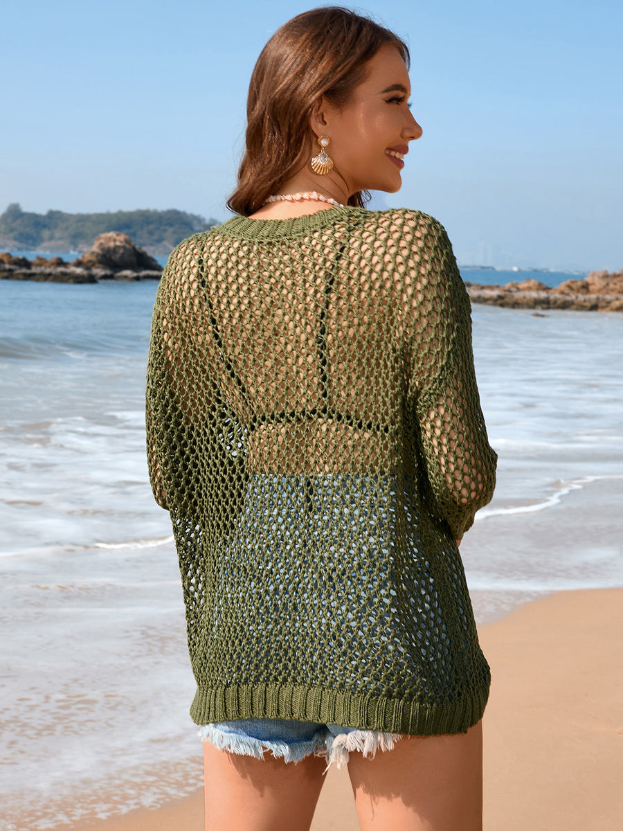 Open-knit pullover sweater in Matcha Green with a relaxed fit, perfect for beach days.