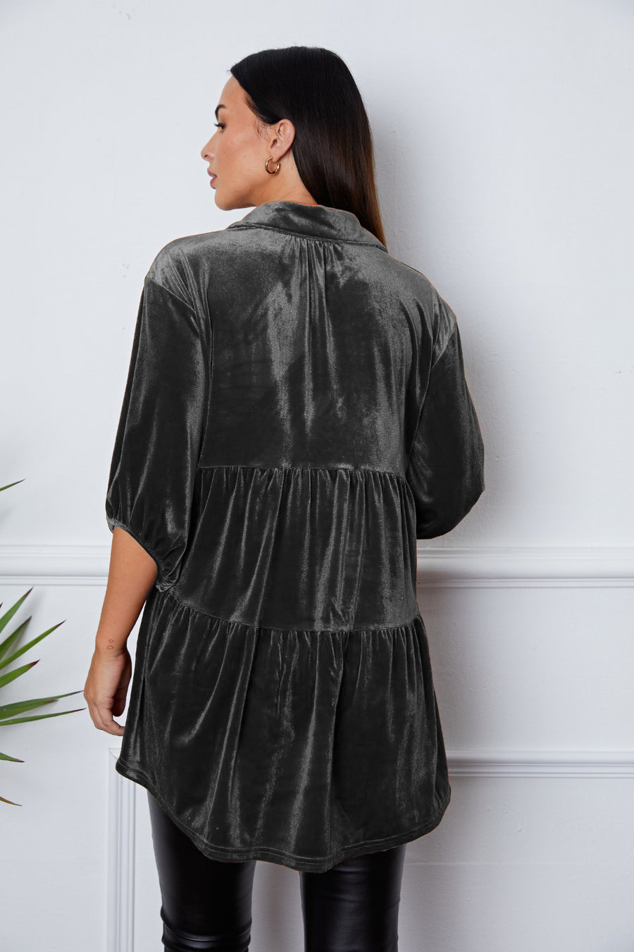 Charcoal velvet tiered button-down tunic with three-quarter sleeves and a collared neckline.
