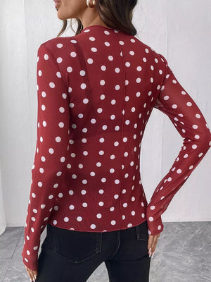 Sheer Polka Dot Long Sleeve Mock Neck Top in White with mesh