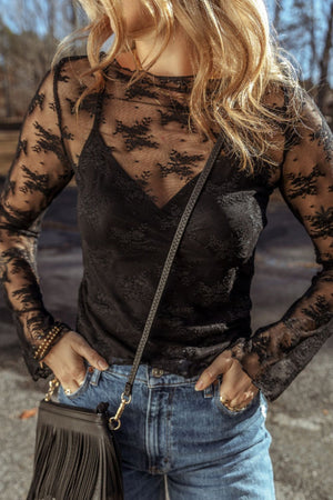 Black floral lace bodysuit with bell sleeves and a V-neck cami layer.