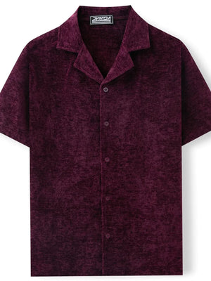 Plum purple velour camp collar shirt with button front and textured fabric.
