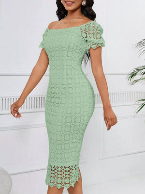 Light green lace midi dress with off-the-shoulder neckline and short puff sleeves.