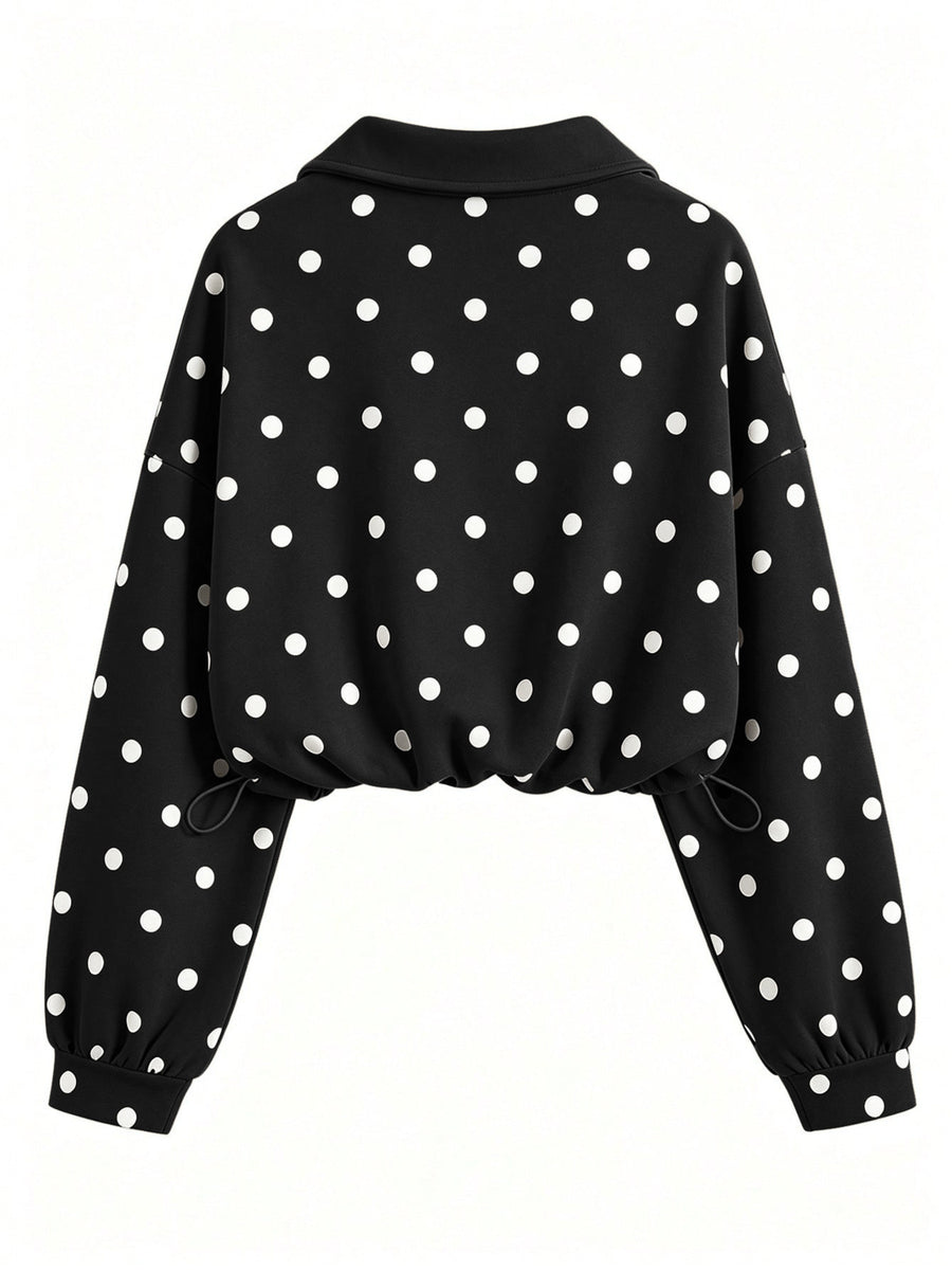 Polka Dot Half Zip Cropped Sweatshirt in Coffee Brown