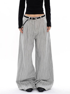Men's grey striped wide-leg sweatpants with a pleated texture and black belt.