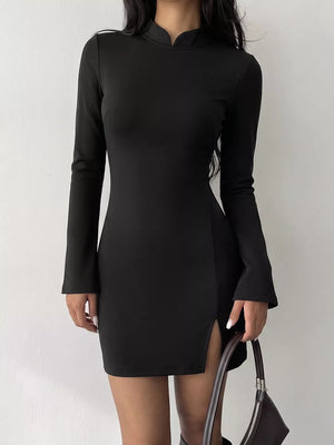 modern mini dress in Black with mandarin collar