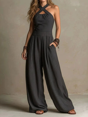 charcoal jumpsuit with striped and halter