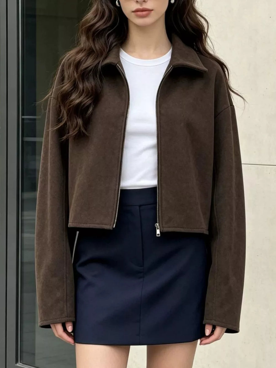 jacket in dark brown featuring zip-front and relaxed fit