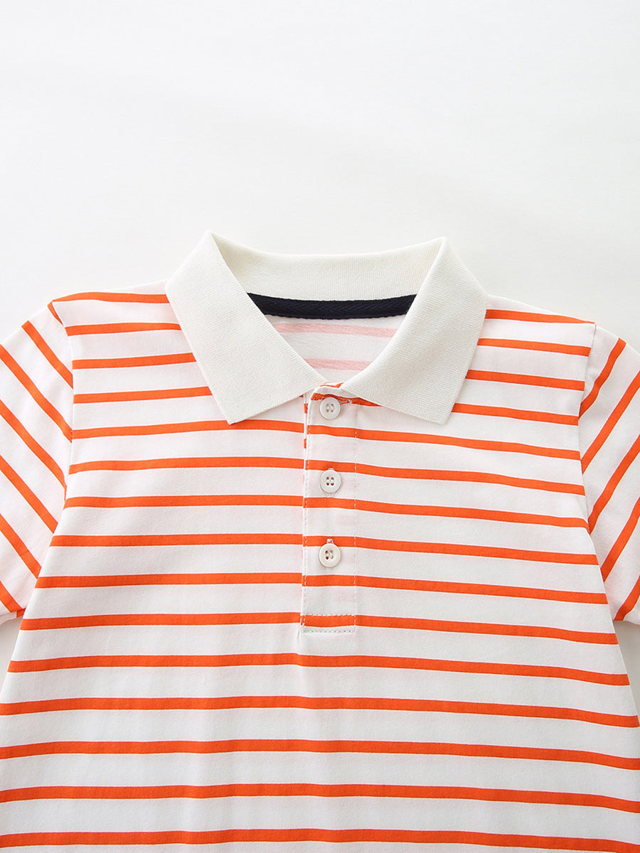 White and orange striped cotton polo shirt with button placket and white collar.