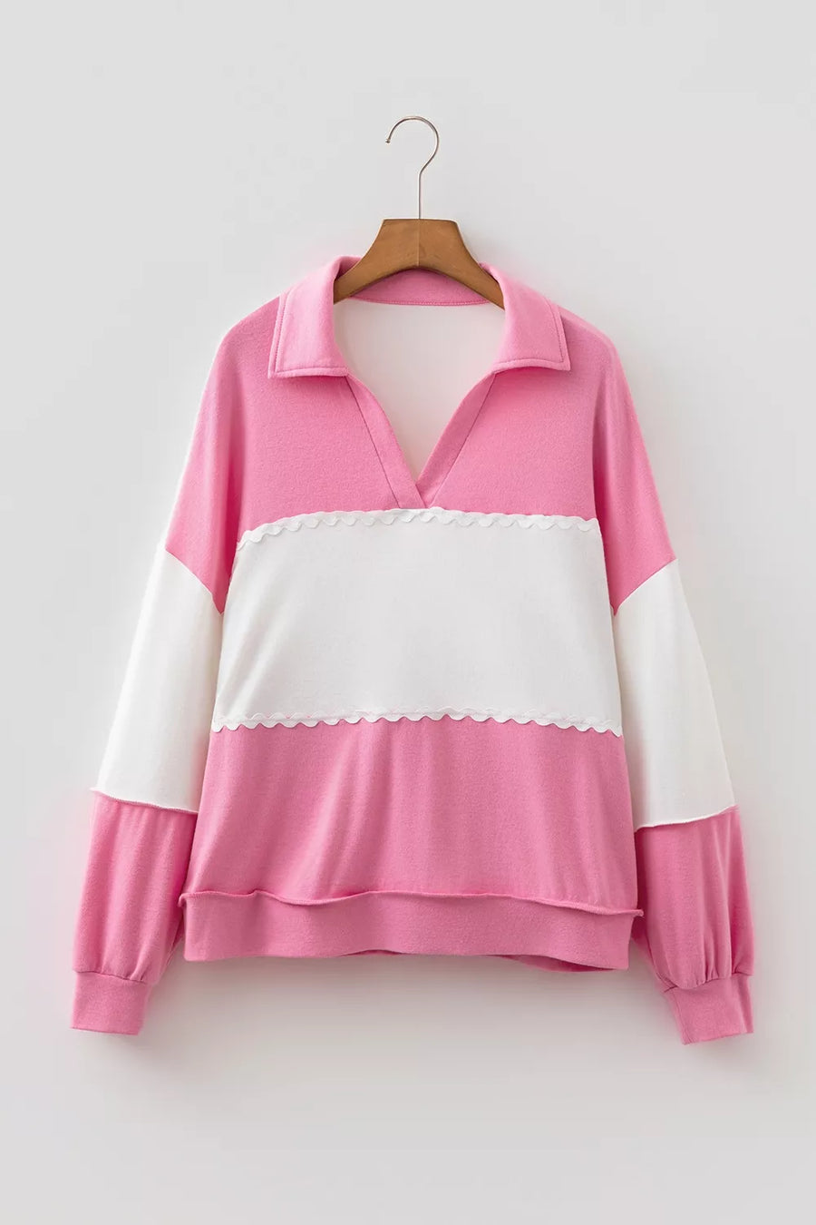 Color Block Ricrac Trim V Neck Long Sleeve Top option 6
