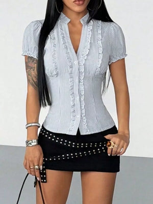 white blouse with hip-length and button-front