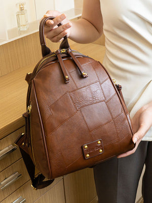 backpack featuring patchwork in dark brown with PU Leather Imported Size & texture