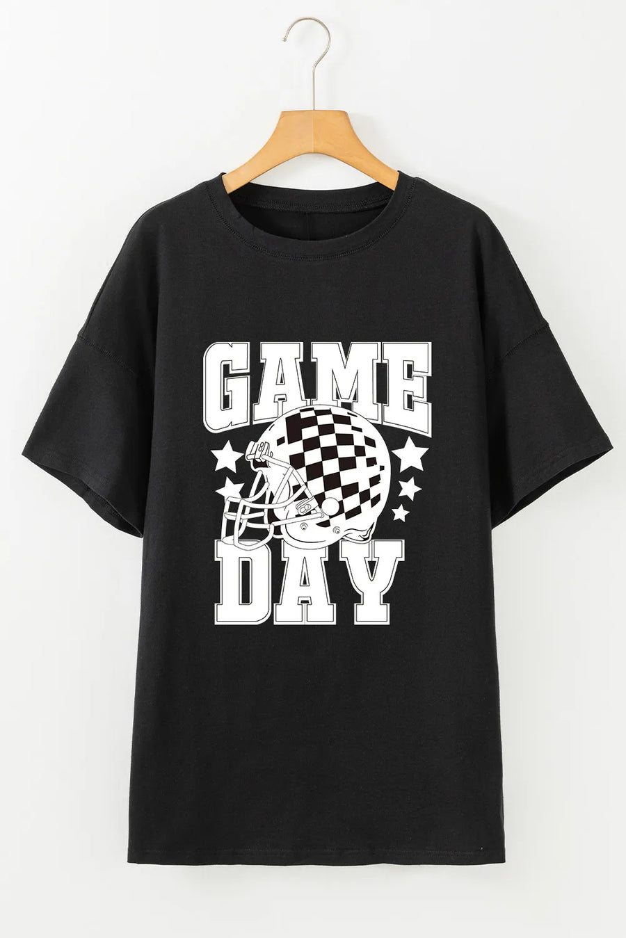 Black graphic tee with checkerboard helmet and GAME DAY text