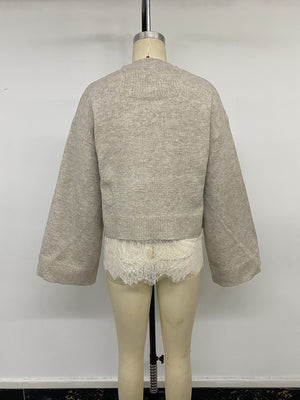 Layered Lace Hem Crew Neck Sweater in Beige with lace detail