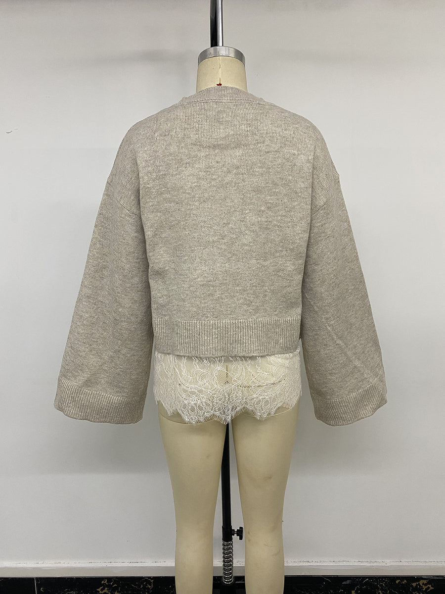 Layered Lace Hem Crew Neck Sweater in Beige with lace detail