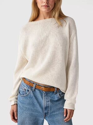 ivory relaxed pullover sweater with boat neck