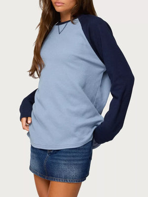 navy blue t-shirt featuring stretch and color-block