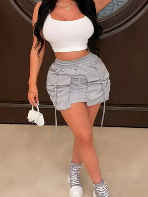 Drawstring Cargo Pocket Mini Skirt in Army Green