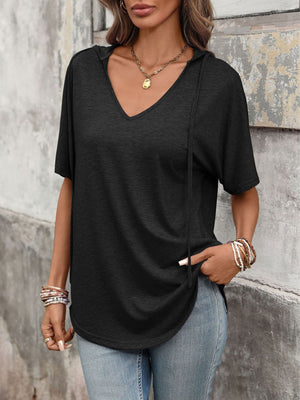 Black hooded t-shirt with short sleeves, V-neck, and drawstring detail.