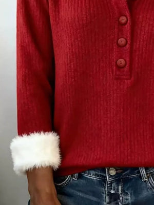 red pullover sweater with hip-length and half-button