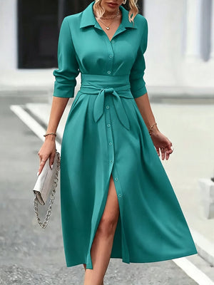 Teal belted midi shirt dress with long sleeves