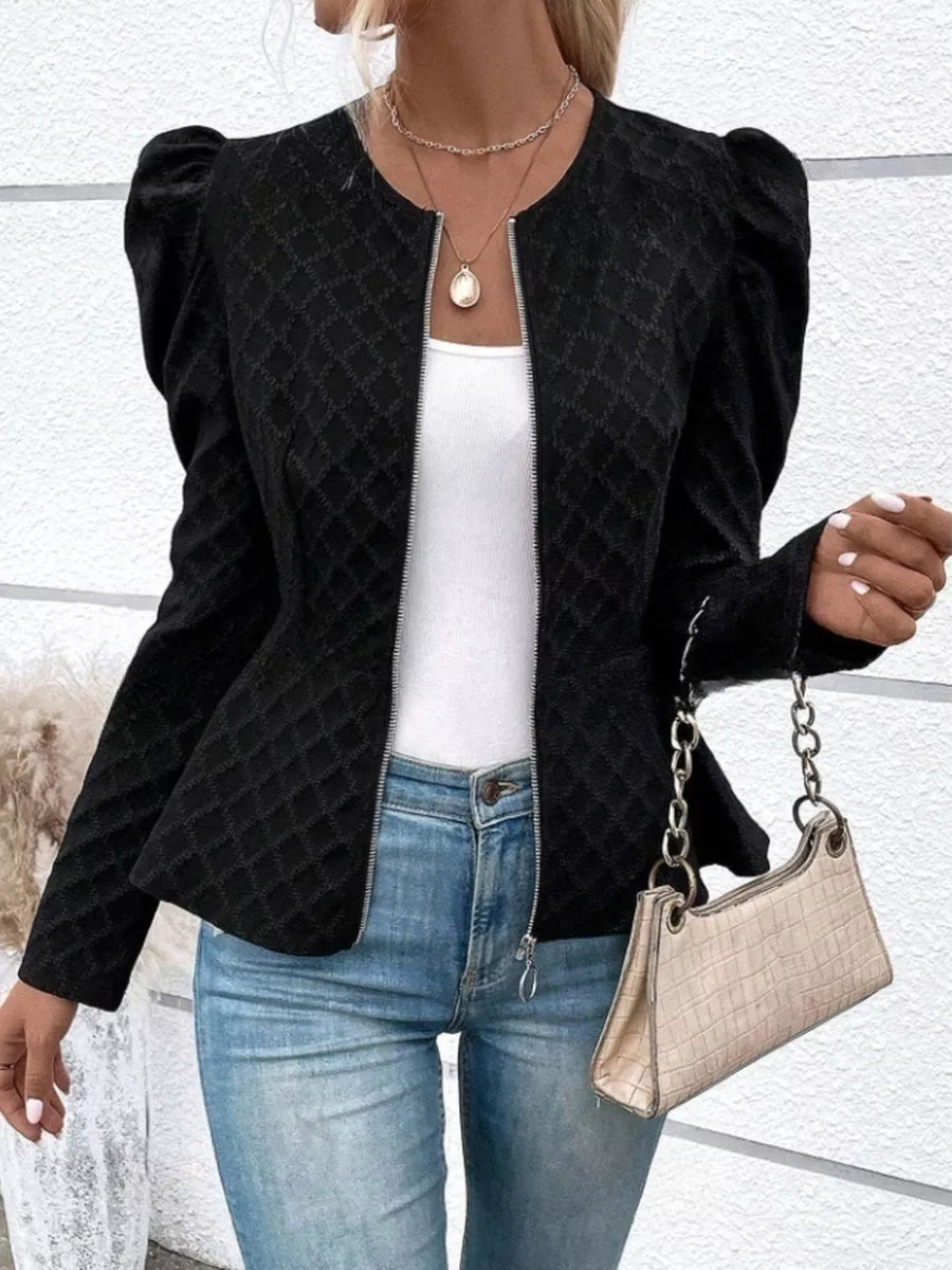 Pink Puff Sleeve Textured Jacquard Jacket