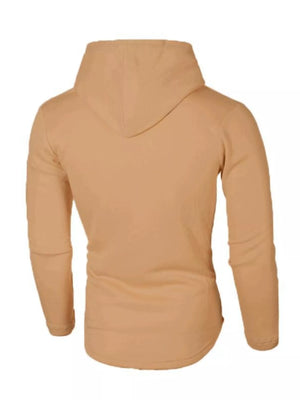 Khaki casual slim fit long-sleeve hoodie with drawstring and hood.