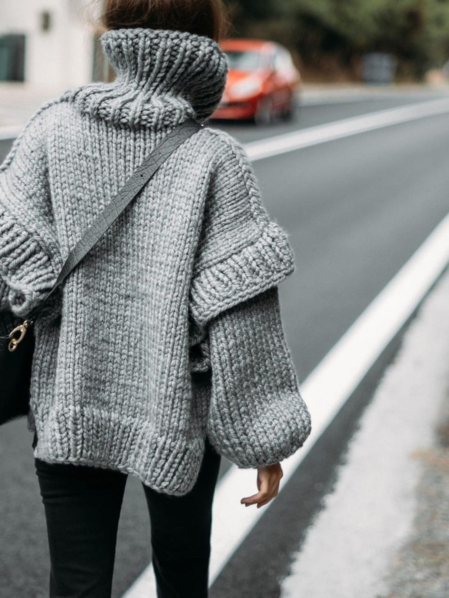 Blue oversized turtleneck sweater with turtleneck